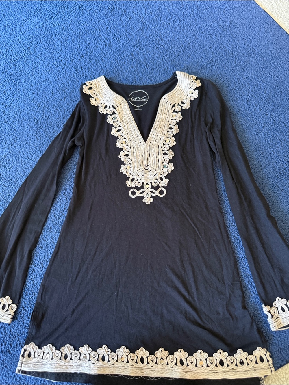 INC International Concepts Black Tunic with Cream Embroidered Trim